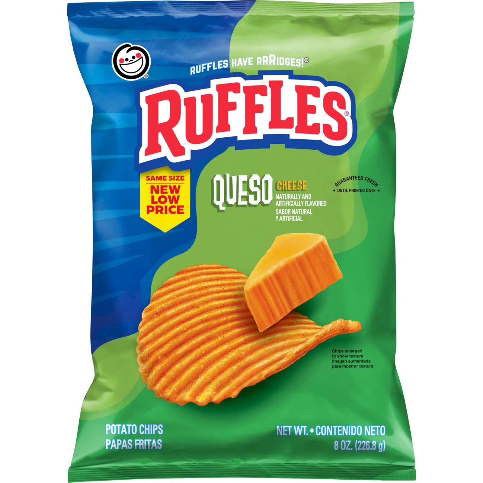 Ruffles Potato Chips Queso Cheese Flavored Snack Chips, Snacks,Large Bag 8 Ounce