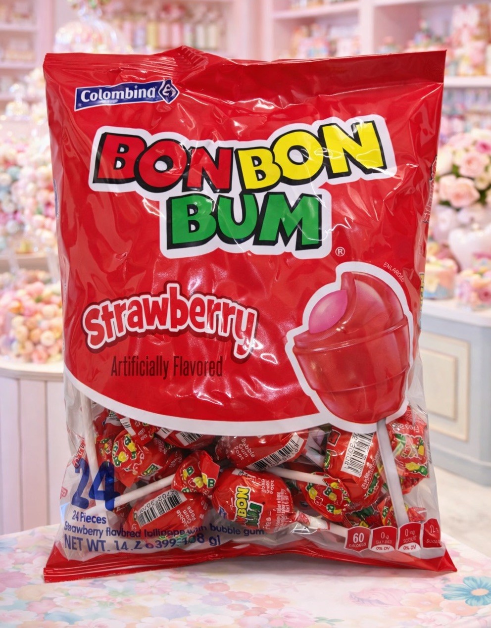 Colombina Bon Bon Bum Lollipops with Bubble Gum, Strawberry Flavored 24 Pieces