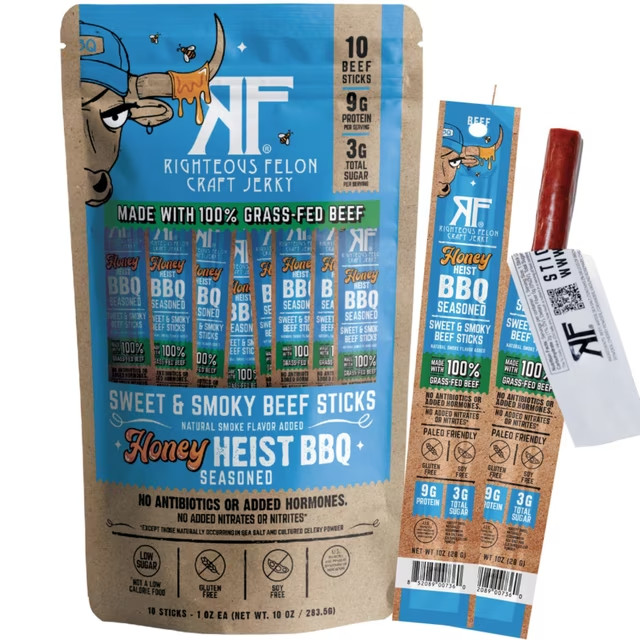 Righteous Felon BBQ Seasoned Grass-Fed Beef Sticks, 10 oz. Free Shipping