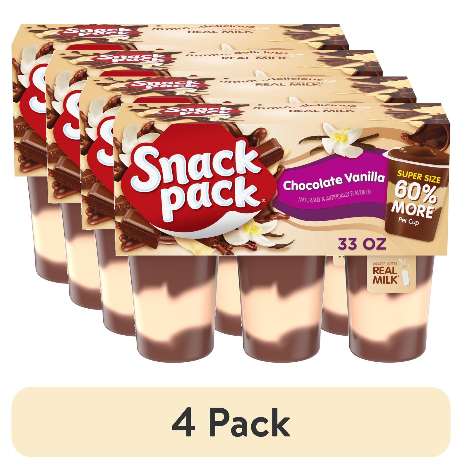 (4 Pack) Super Size Chocolate Vanilla Flavored Pudding, 5.5 Oz Pudding Cups, 6