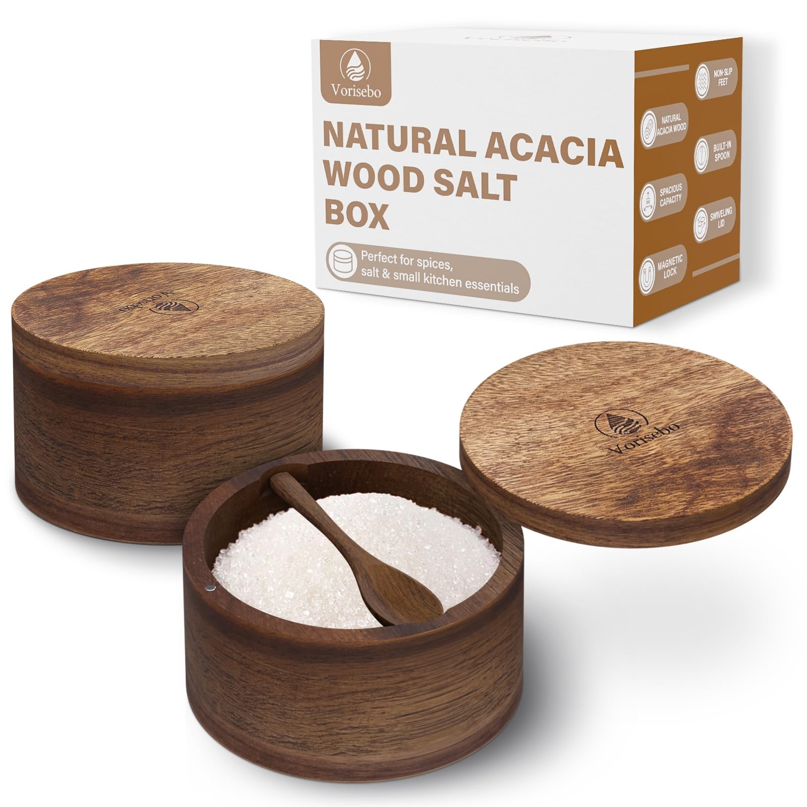 Set of 2 Acacia Wood Salt Container with 4.3”L x 4.3”W x 2.6”H,