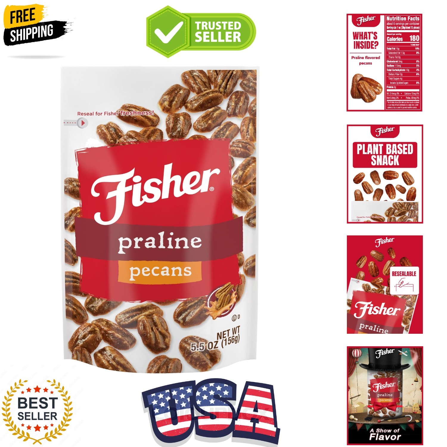 Snack Praline Pecans, 5.5 oz Pack of 1, Resealable Pouch, Mammoth Candied Pec…