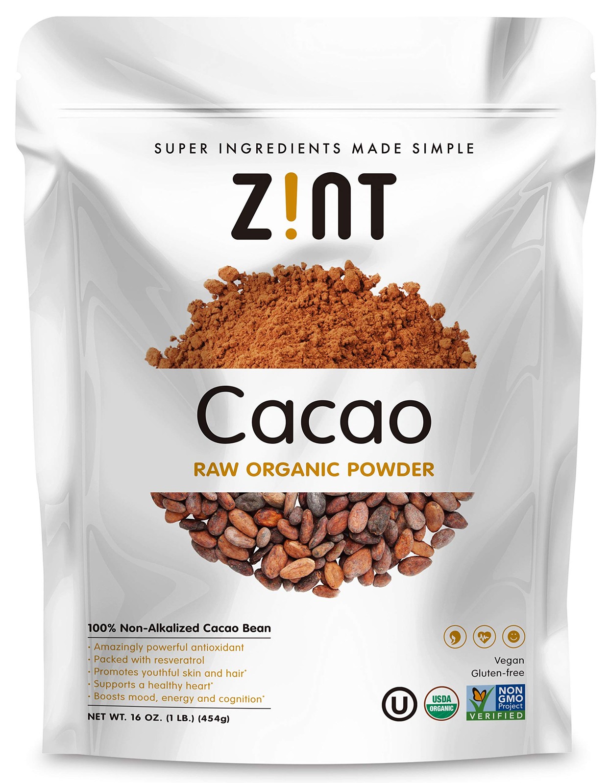 Zint Organic Cacao Powder, Organic, Non GMO, Anti Aging 1 Pound, No Color