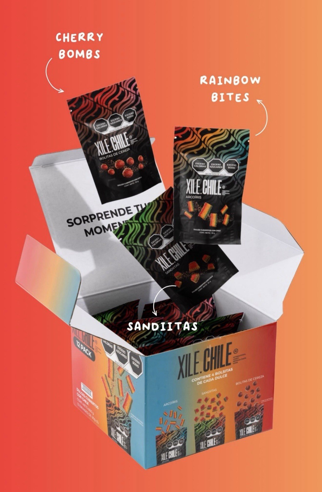 Xile Chile Dulces Enchilados Mixto, Box of 12PACKS/50gr EACH – 3 Variety Pack