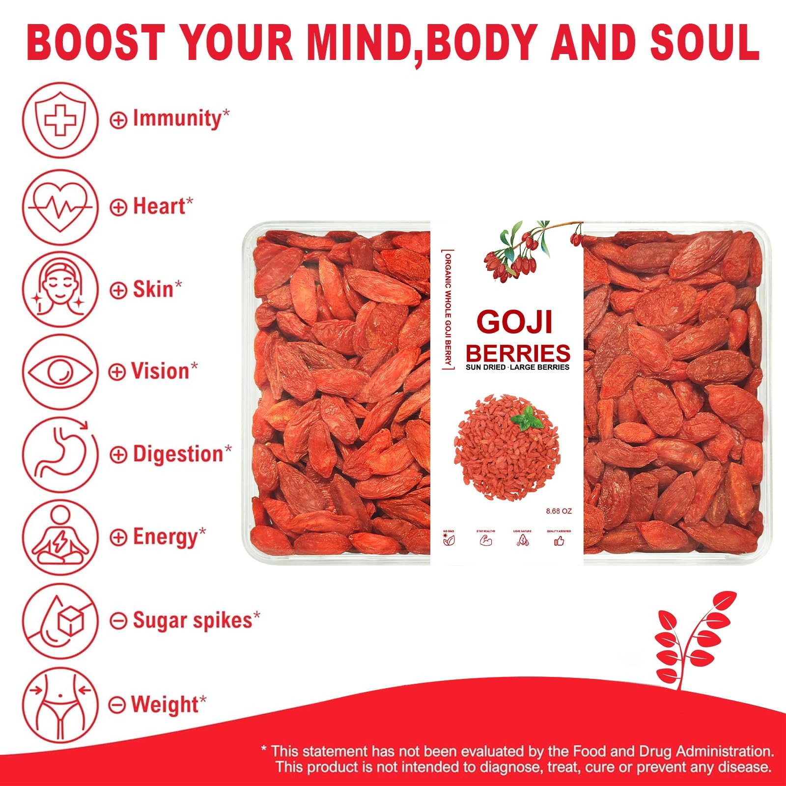 Organic Goji Berries Extra Large Dried Superfood, High in Antioxidants & Fiber