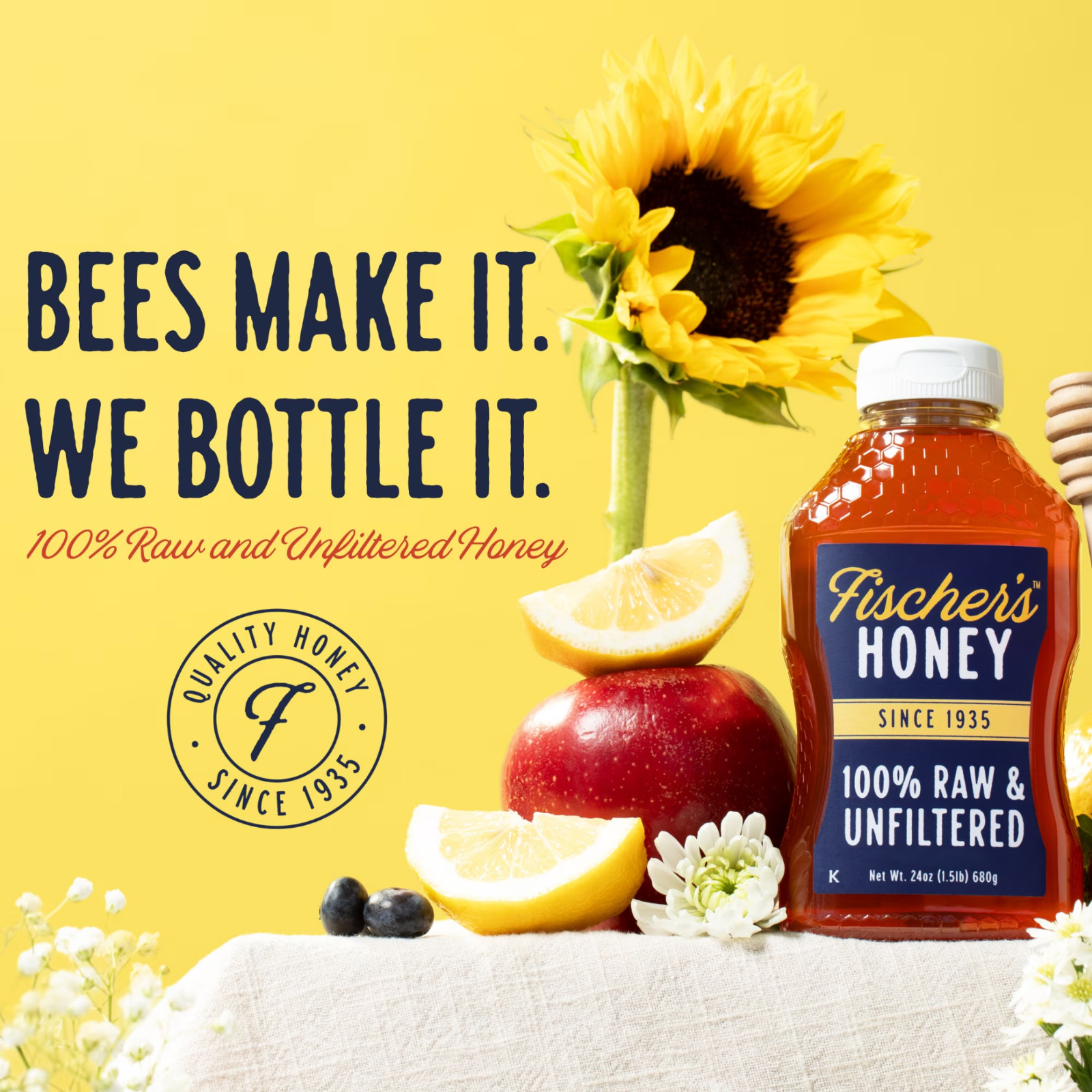 Fischers Honey, 24oz Raw and Unfiltered, Premium, Pure, Squeeze Bottle New
