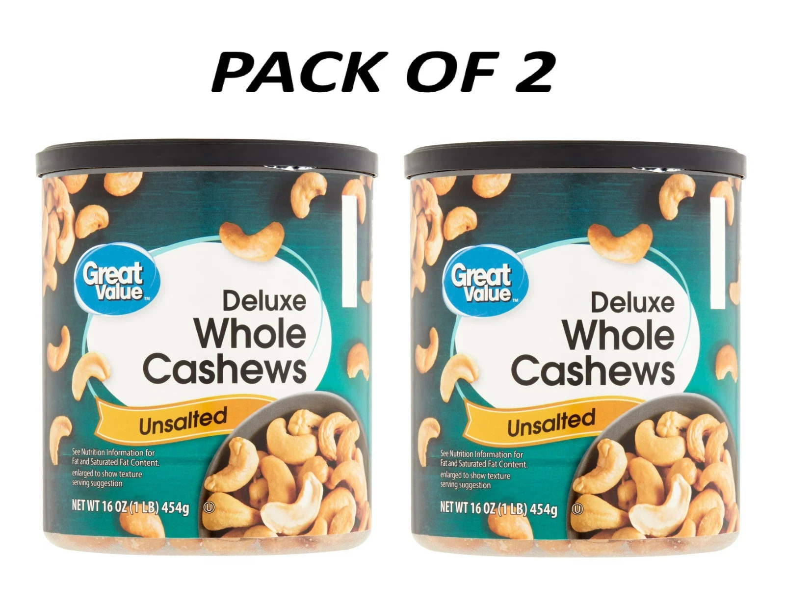 Great Value Deluxe Whole Cashews, Unsalted, 16 oz pack of 2