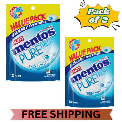 (PACK OF2) Mentos Pure Fresh Mint Sugar Free Gum Extra Value Pack 120 Count