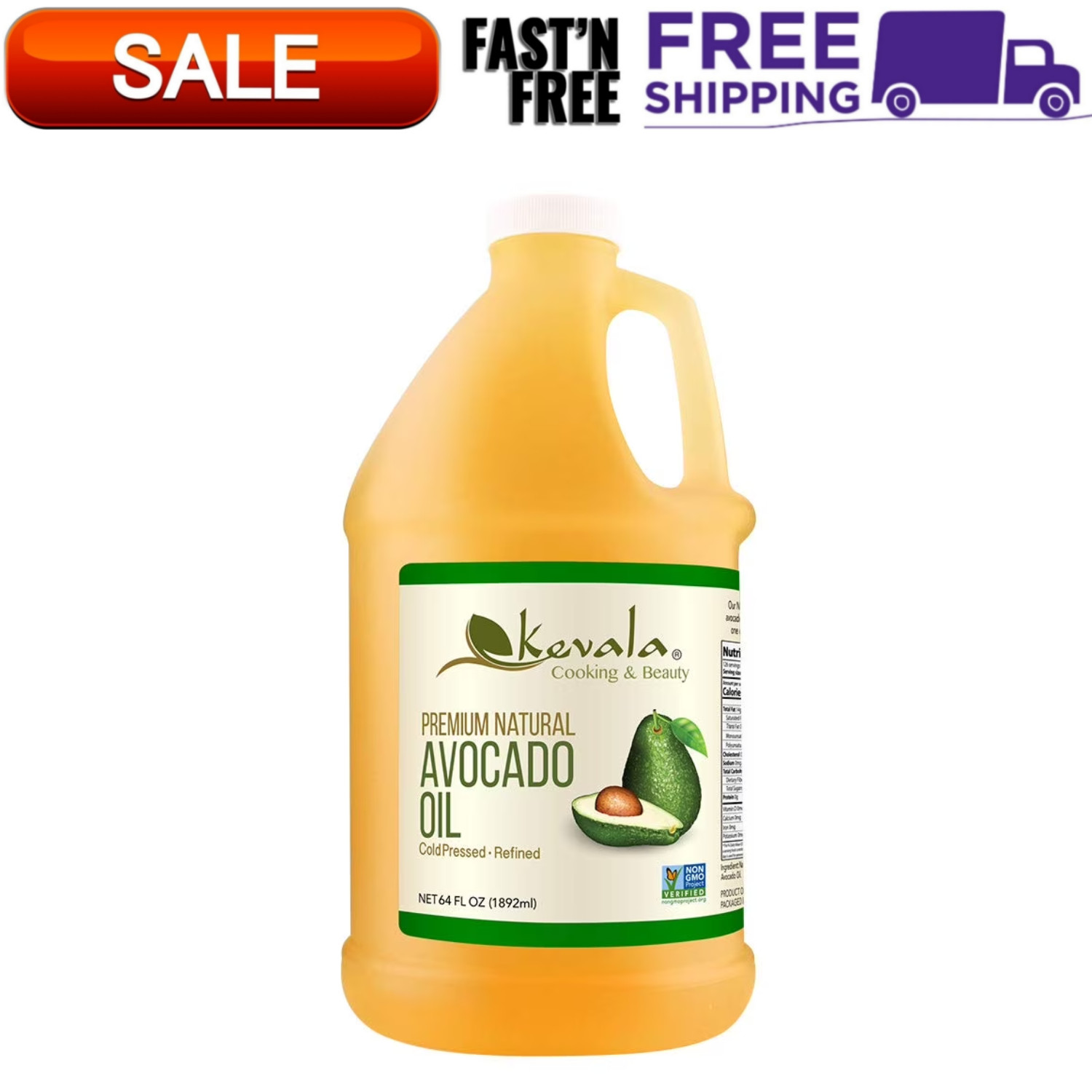 Kevala Natural Avocado Oil 64 fl oz Cold Pressed Non-GMO Hexane-Free Cooking Oil