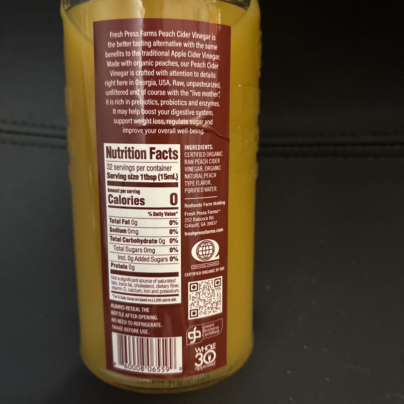 Fresh Press Farms Organic Peach Cider Vinegar Raw & Unfiltered The Mother, 16.4
