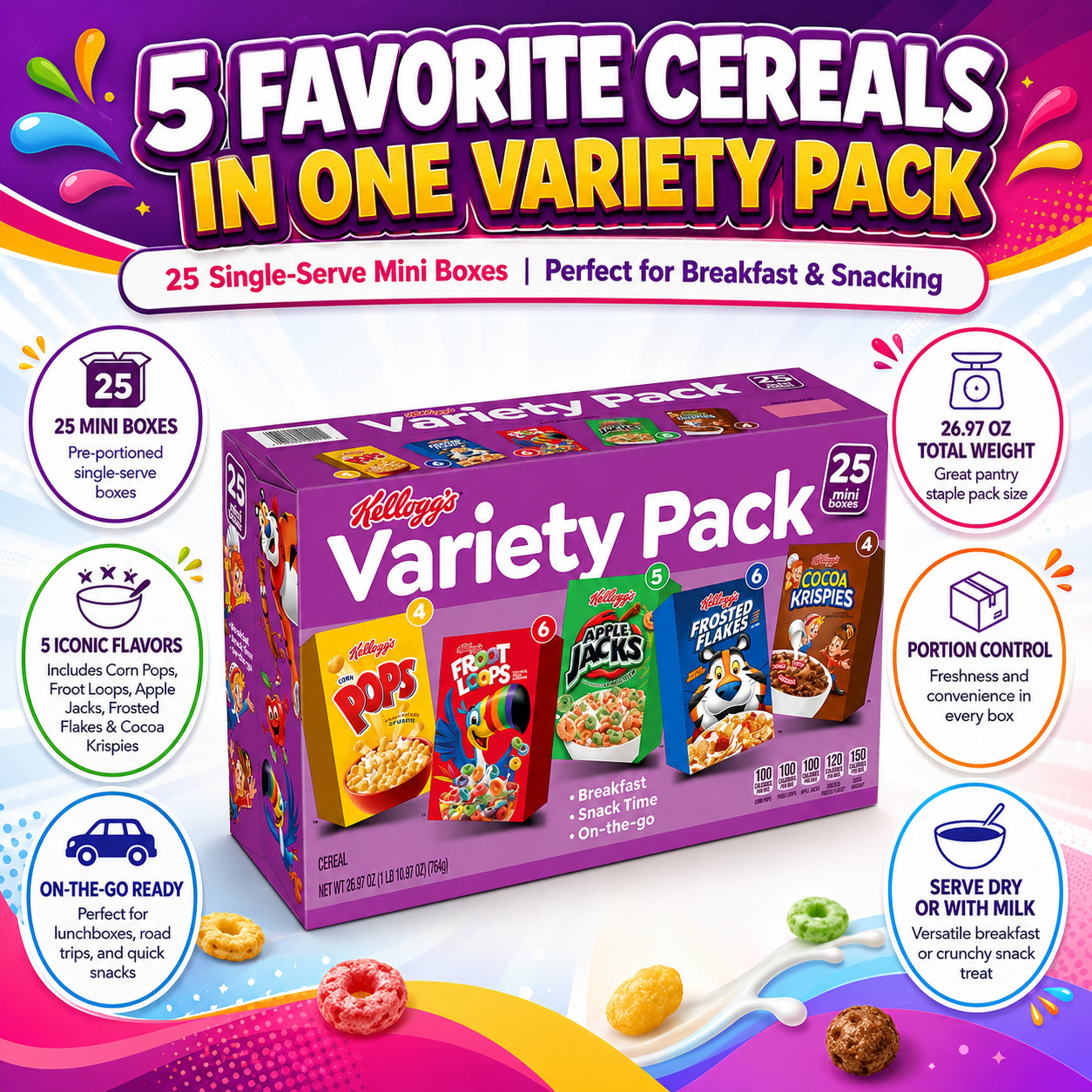 Kellogg’s Cereal Mini Boxes, Variety Pack, 25-count