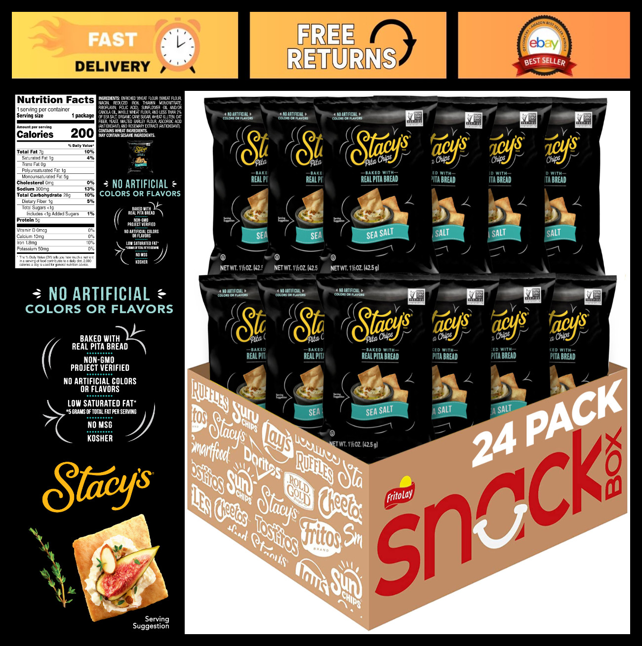 Sea Salt Pita Chips – No Artificial Colors or Flavors, 1.5 Oz, 24 Pack Snacks