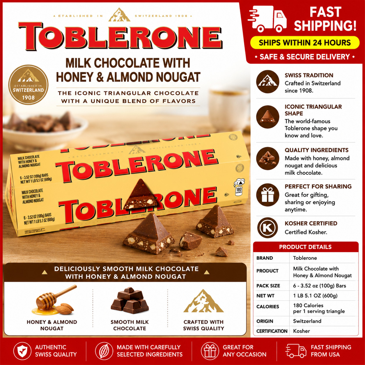 Toblerone Swiss Milk Chocolate Bar, 3.52 oz, 6-Count