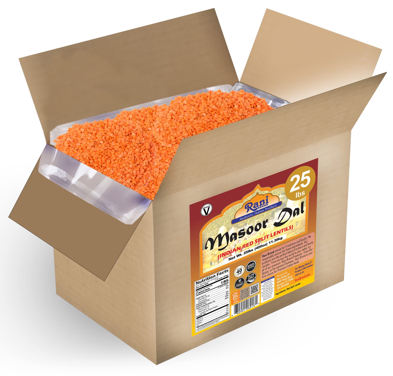 Rani Masoor Dal (Indian Red Lentils) Split Gram 400oz (25lbs) 11.36kg Bulk Box