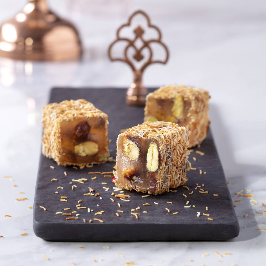 CAFER EROL WIRE KADAYIF COATED TURKISH DELIGHT WITH PISTACHIO ROVING KOSHER