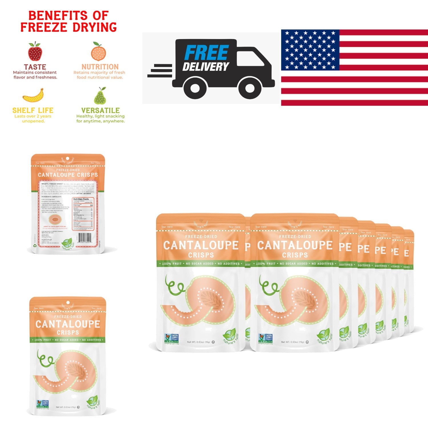 Versatile Freeze Dried Cantaloupe Crisps 0.53 Ounce Ideal for Cereal Smoothies