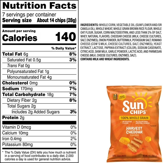 SunChips 100% Whole Grain Harvest Cheddar Snack Chips Bag, 7 oz​