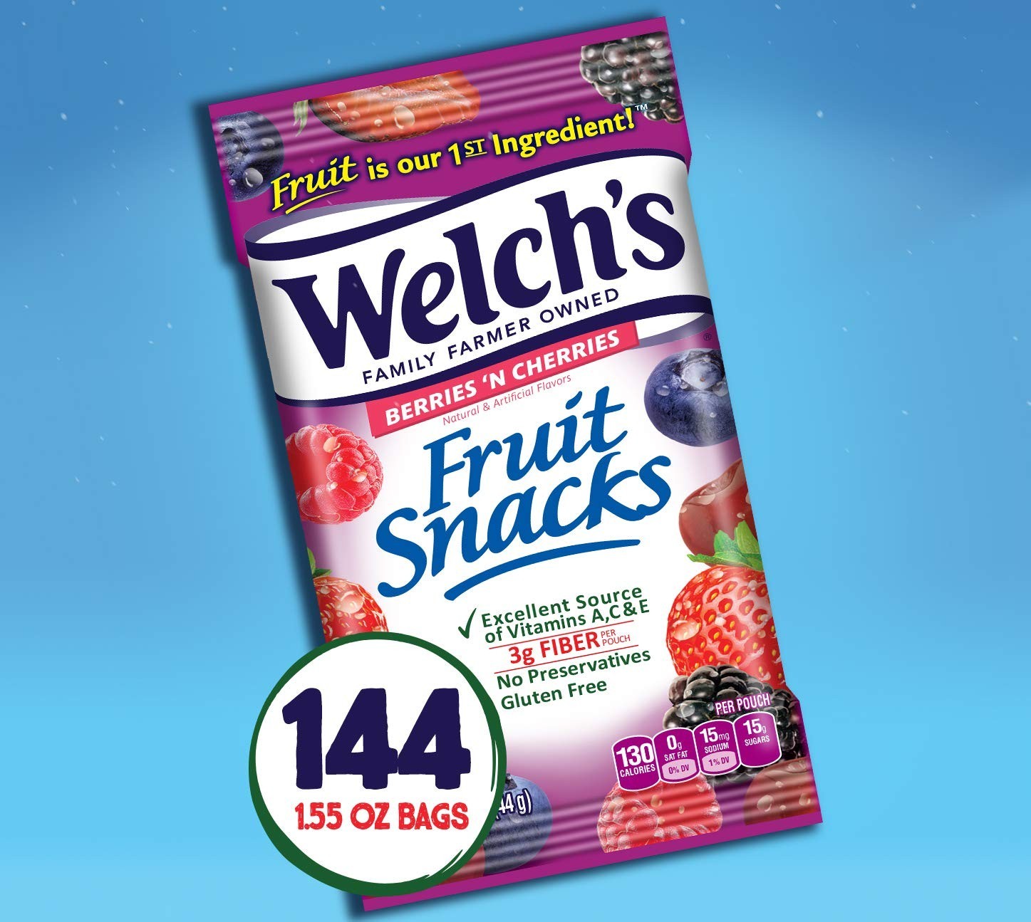 Welch’s Fruit Snacks, Berries ‘N Cherries, Gluten Free, 1.55-oz Bulk (144 Count)