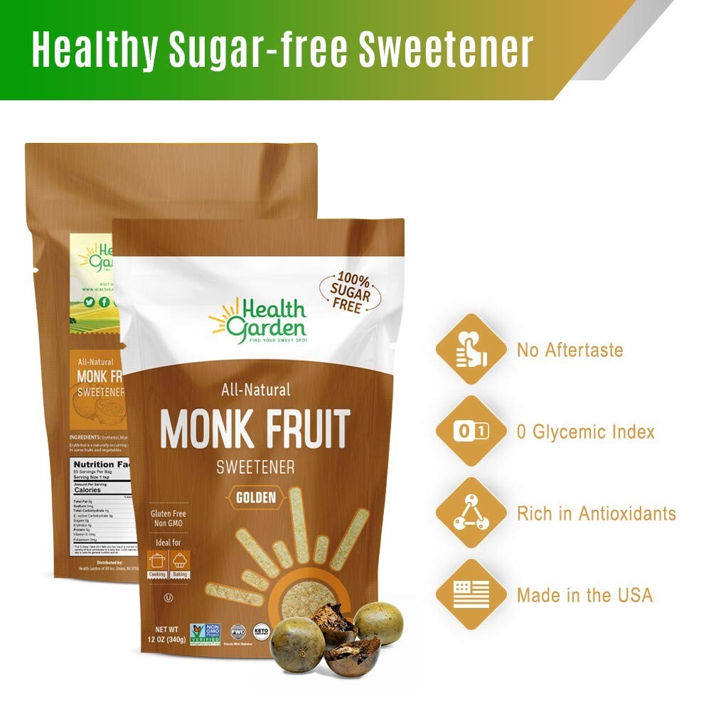 Health Garden Monk Fruit Sweetener, Golden – Non GMO – Gluten Free – Sugar 1-Lb