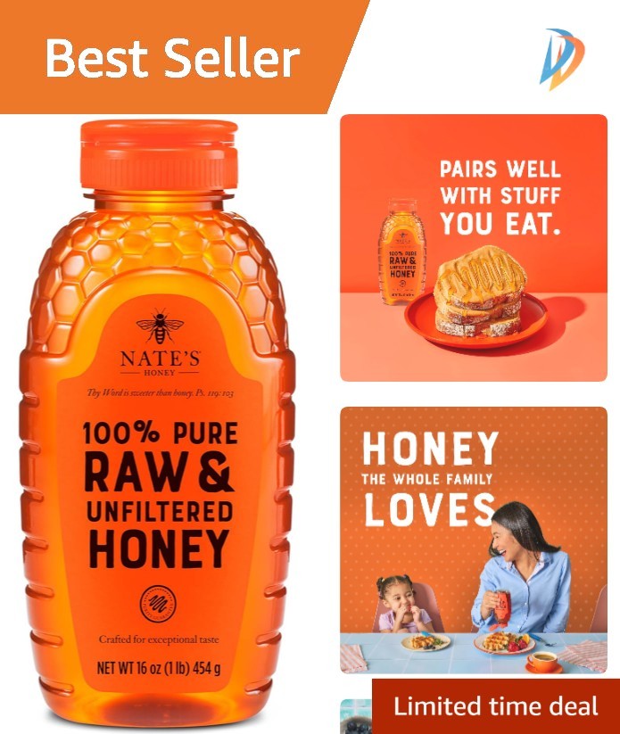 Pure & Raw Unfiltered Honey by Nate – 16 oz Squeeze Bottle with Purity Guarantee