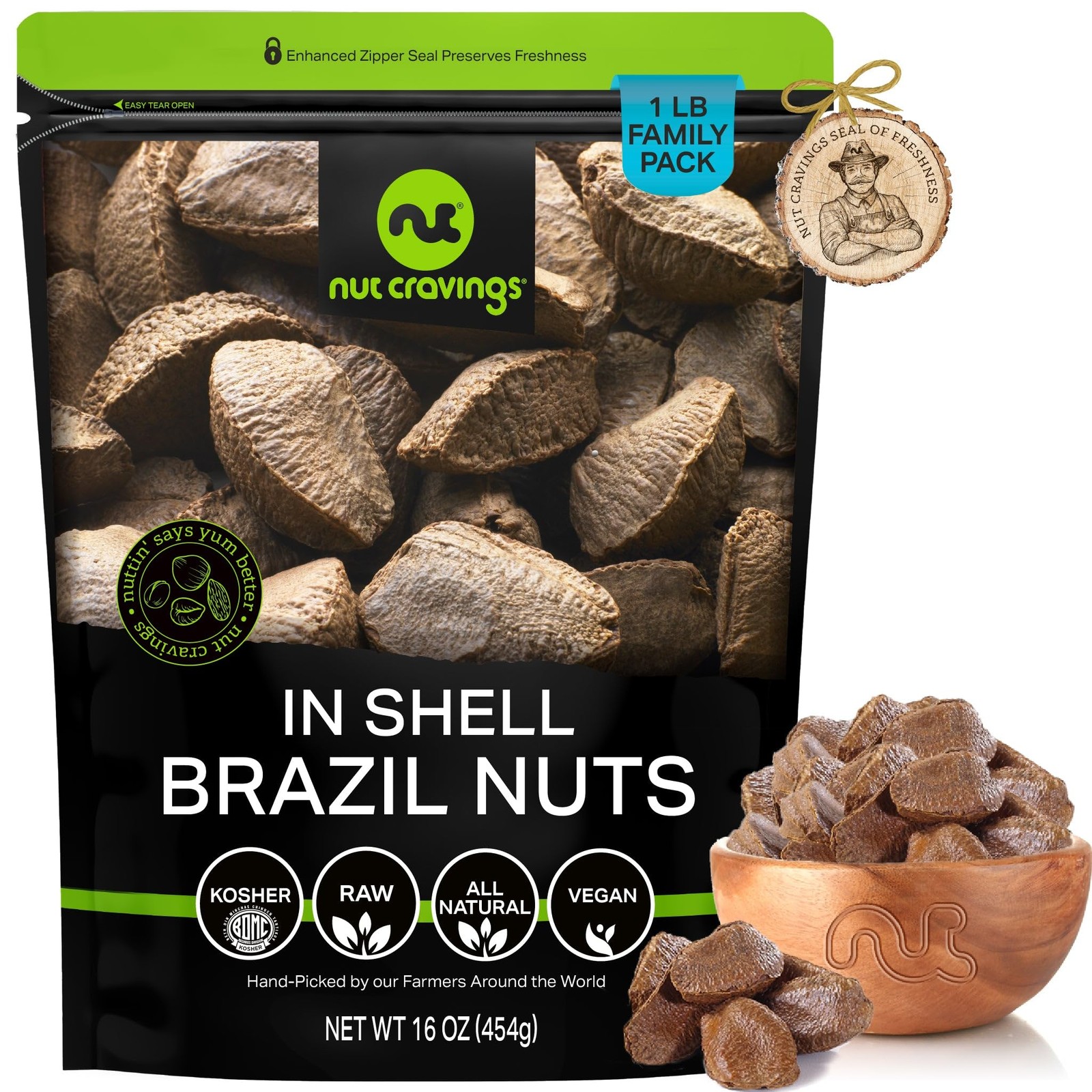 NUT CRAVINGS Raw Brazil Nuts In Shell Whole, 16oz 1 LB Packed Fresh in Res…