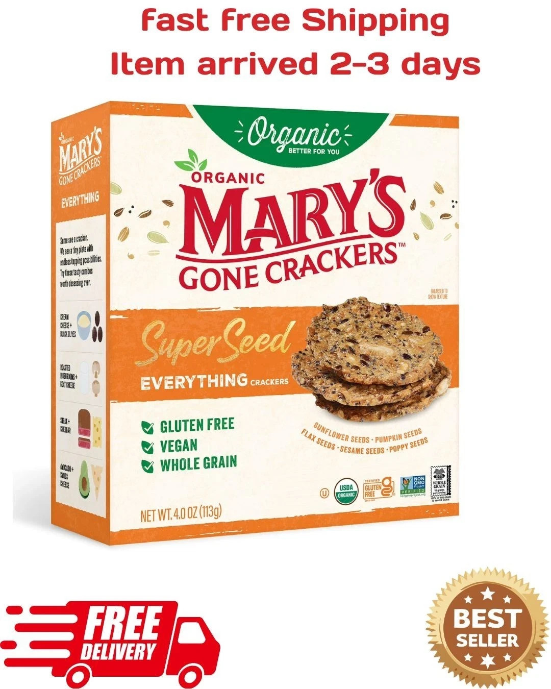 Mary’s Gone Crackers Super Seed Organic, Gluten Free Everything Crackers, 4 oz