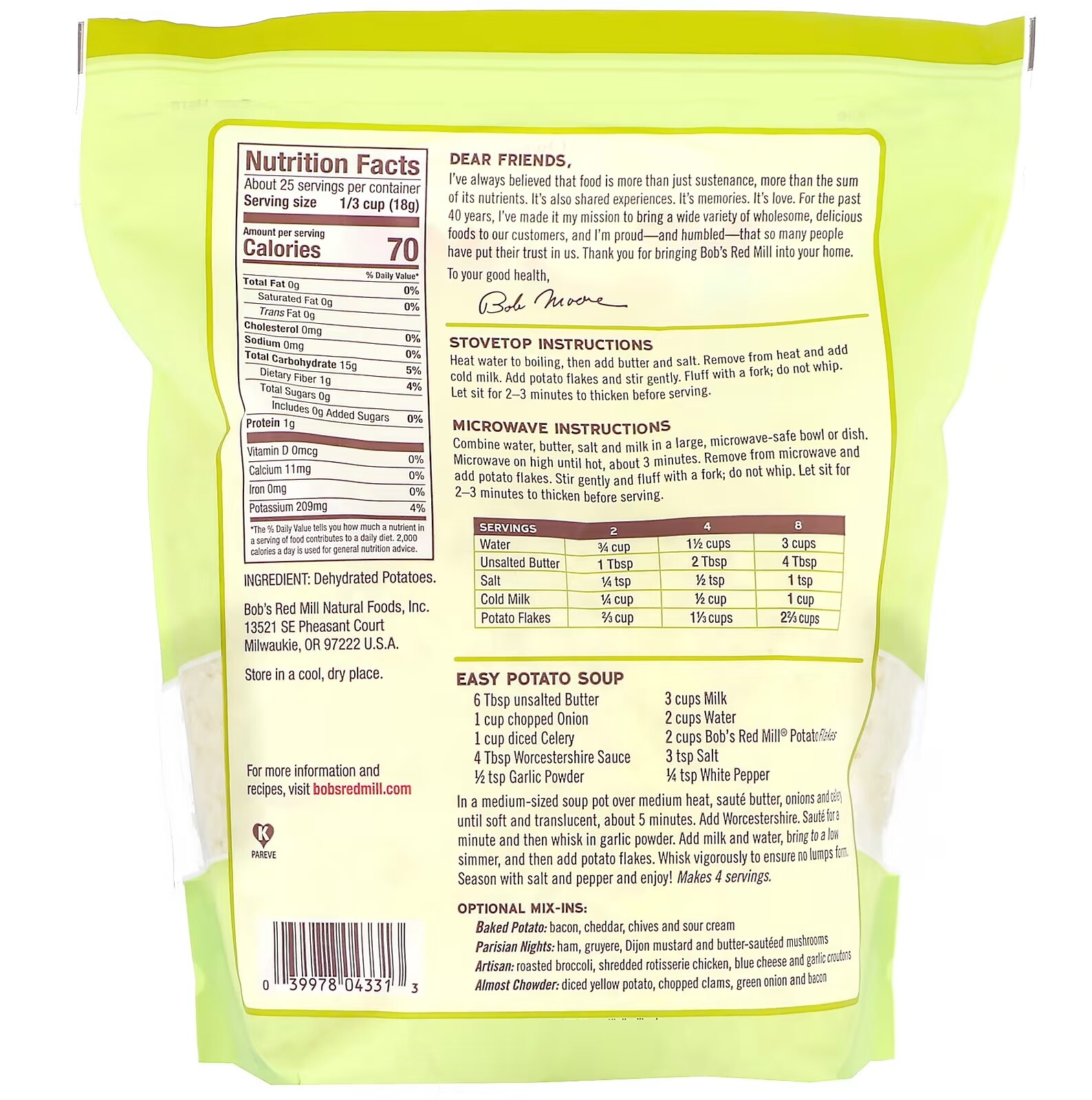 2 PACK- Bob’s Red Mill Instant Creamy Mashed Potatoes Flakes 16 oz (Total 32 oz)