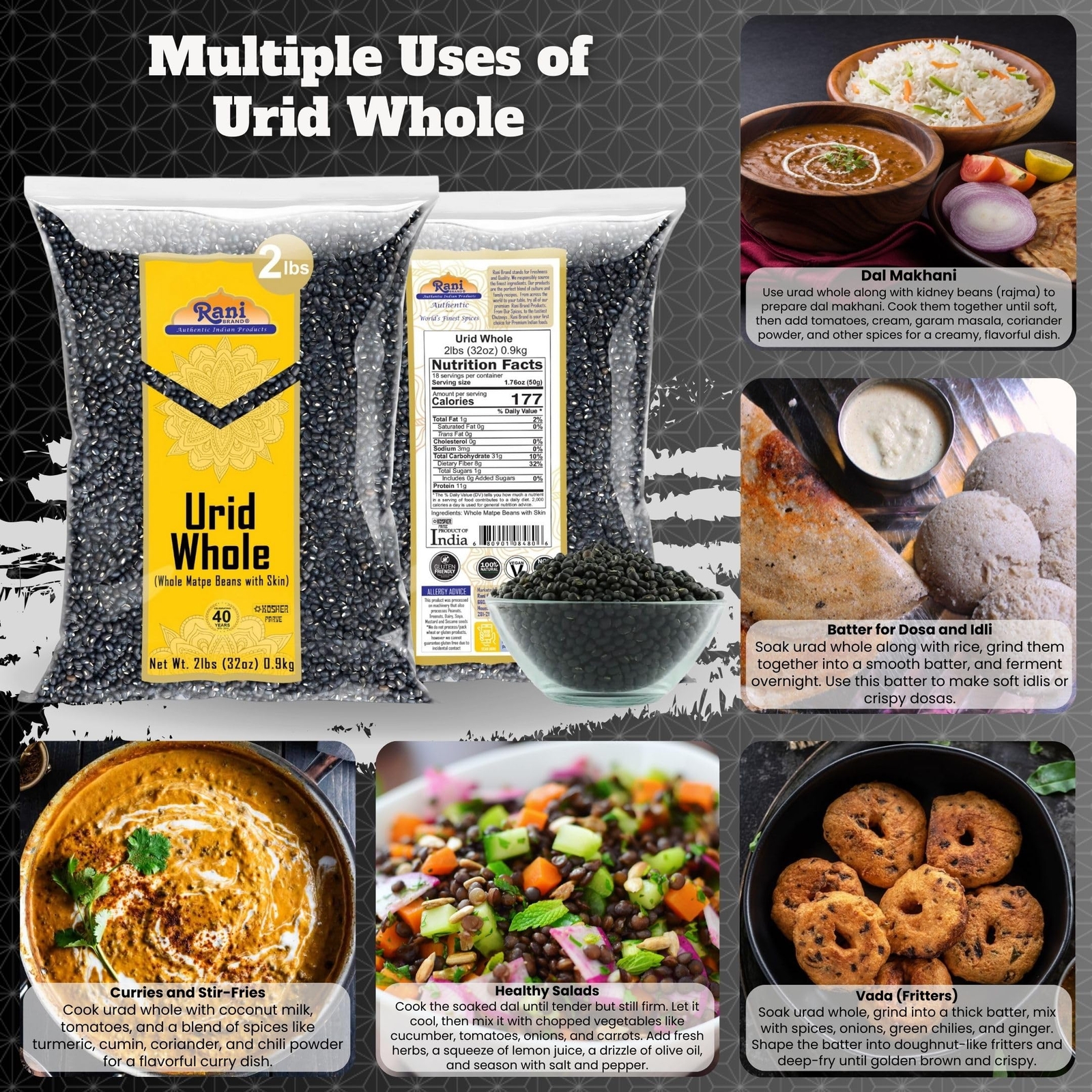 Rani Urid / Urad Whole Black (Matpe Beans with Skin) Lentils, 32oz (2lbs) 907g