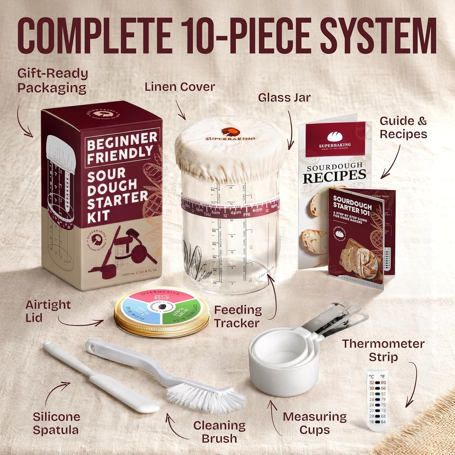 Artisan Sourdough Starter Jar – 34oz Glass Container with Complete Baking Tools