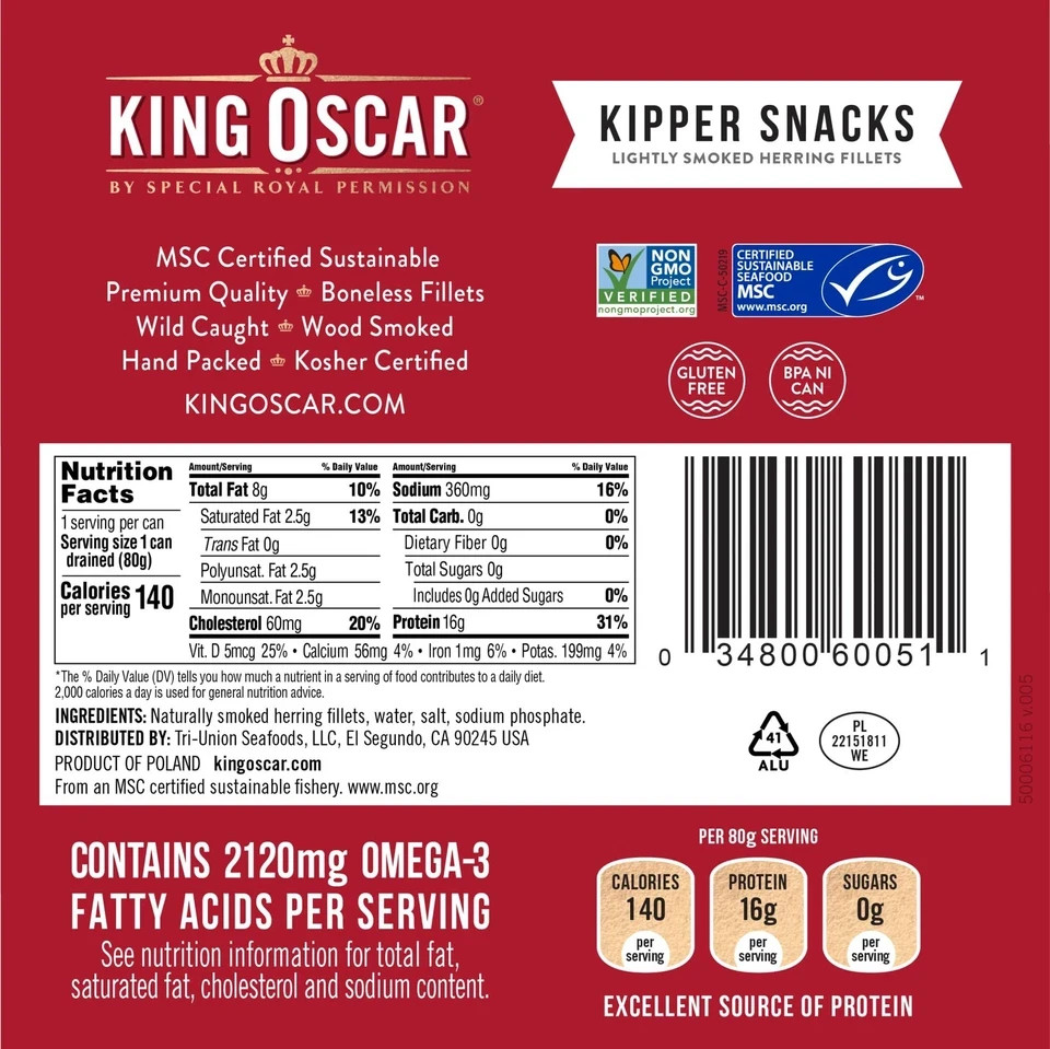 King Oscar Kipper Snacks, 3.54 Ounce Cans (Pack of 12), Lightly Smoked Herring