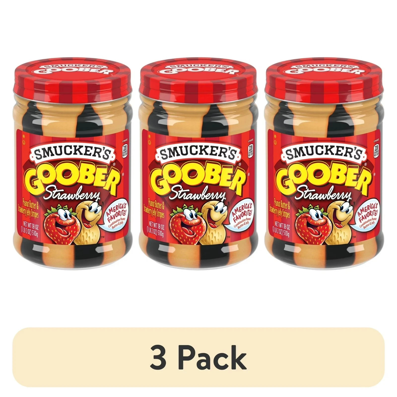 3 pack, Smucker’s Goober Peanut Butter and Strawberry Jelly Stripes, 18 oz.