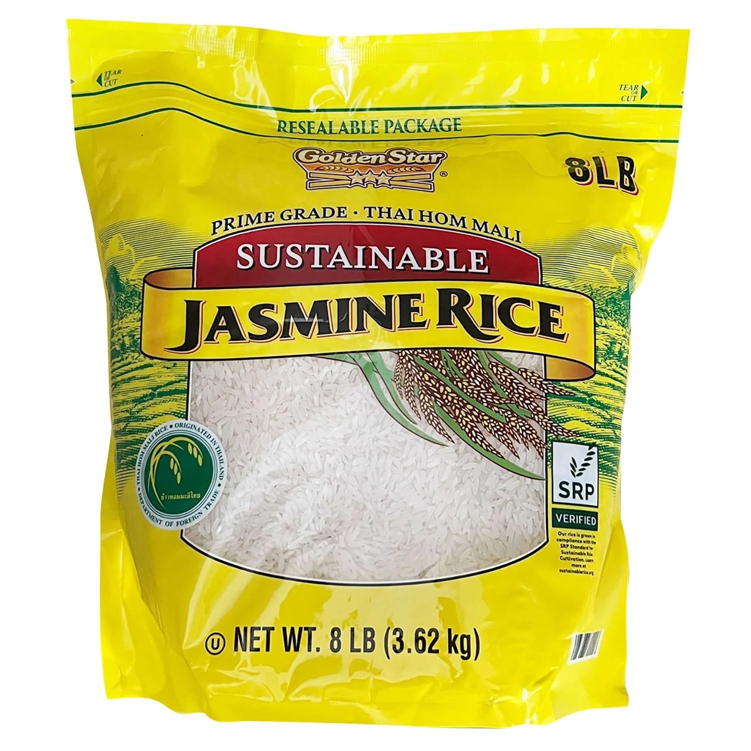 Golden Star Prime Grade Thai Hom Mali Sustainable Jasmine Rice (8 Pounds)
