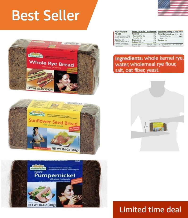 Gourmet High Fiber Bread Set – Whole Rye, Pumpernickel & Sunflower Seed, 52.8 Oz