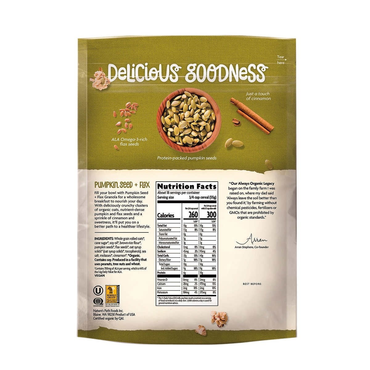 Natures Path Organic Pumpkin Seed + Flax Granola 35.3 oz USDA Organic Non-GMO