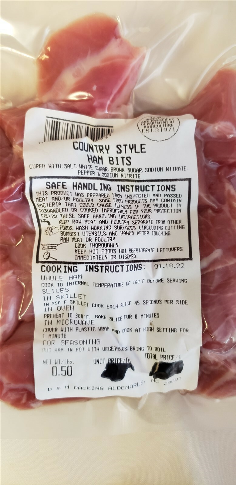 Country Style Cured Ham Bits 8 oz Chips Vacuum Sealed Dennis Boneless Skinned