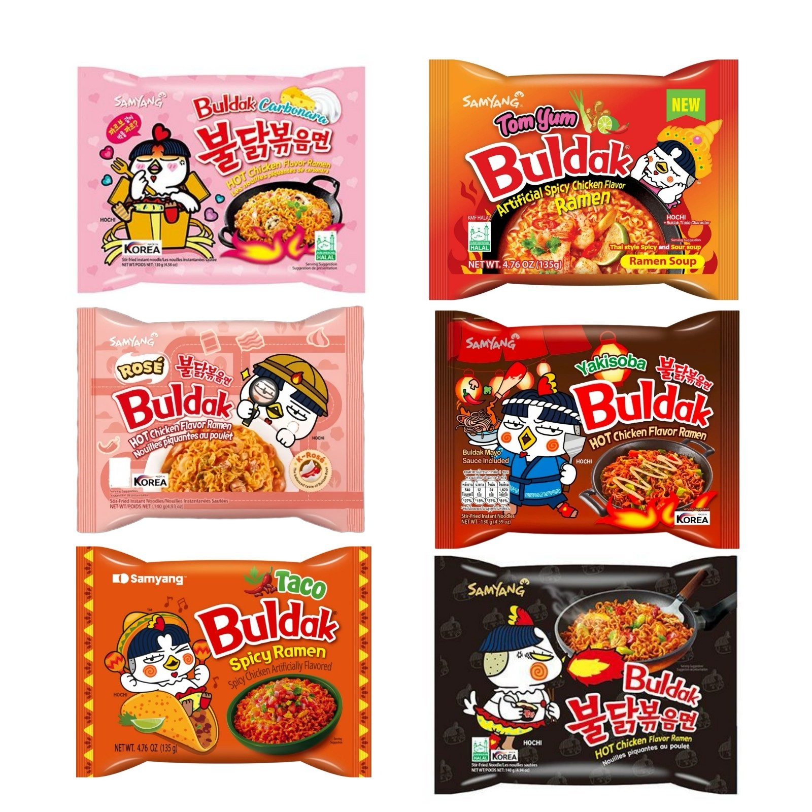 Samyang Korean Buldak Spicy Hot Ramen Noodles Variety Pack – 6 Different Flavors