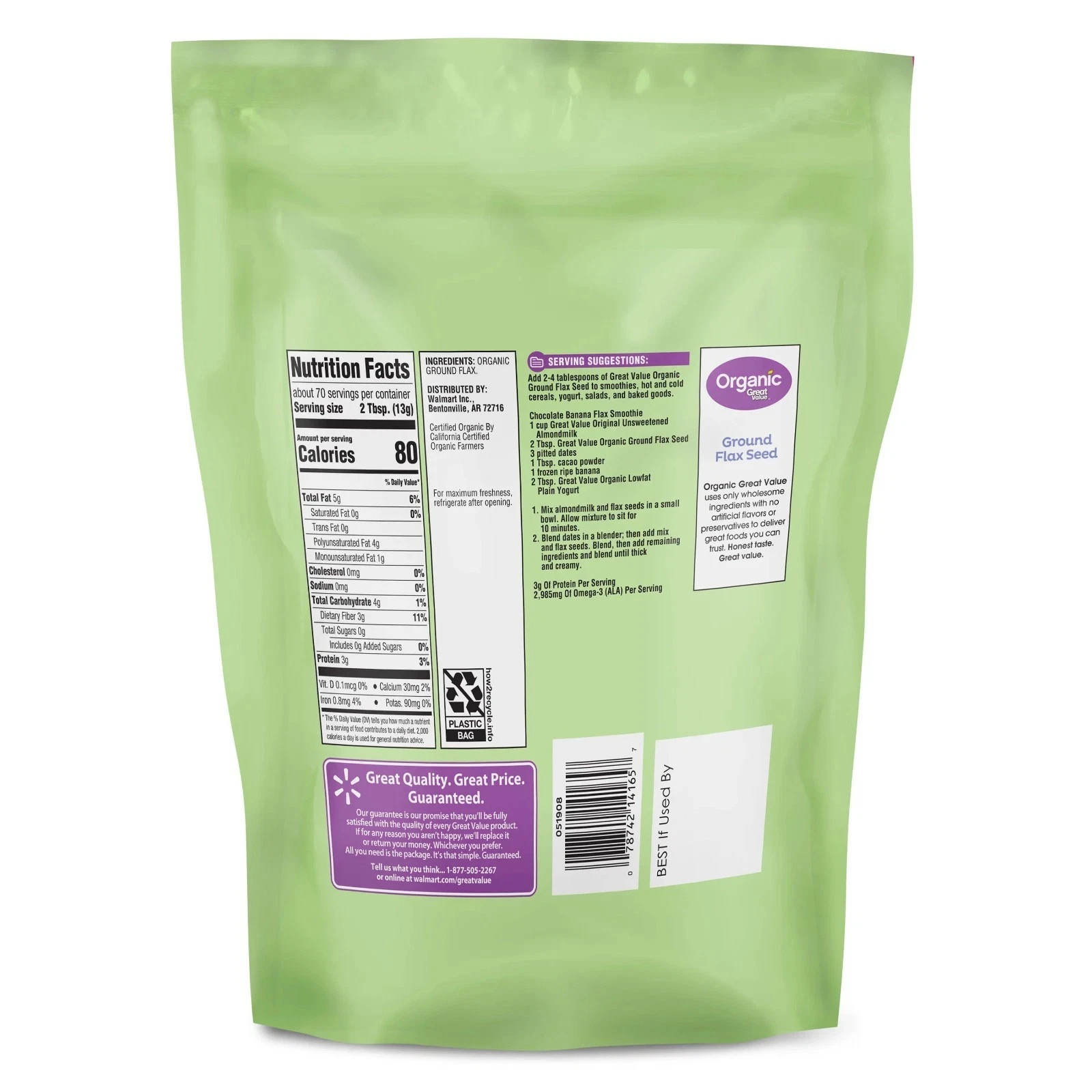 Great Value Organic Ground Flax Seed, 32 oz ,907g.