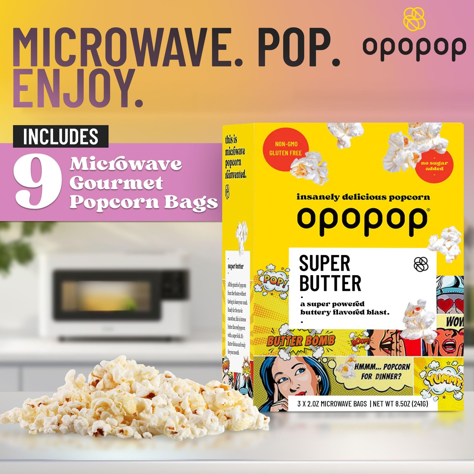 Opopop Microwave Popcorn Super Butter 2.8 oz., 9Count Butter Popcorn, Flavo…
