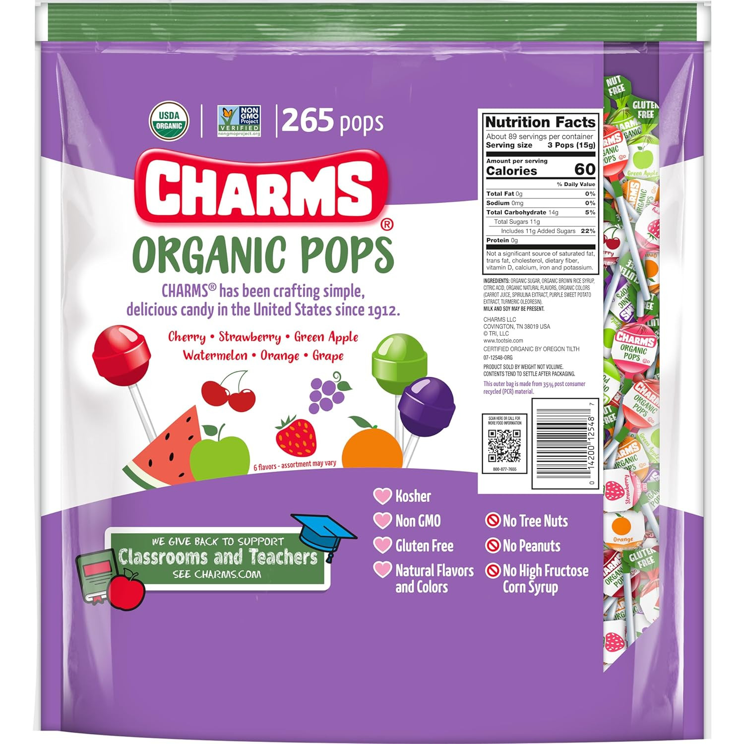 Organic USDA Fruit Lollipops 265 Count 6 Flavors 3lb Resealable Bag