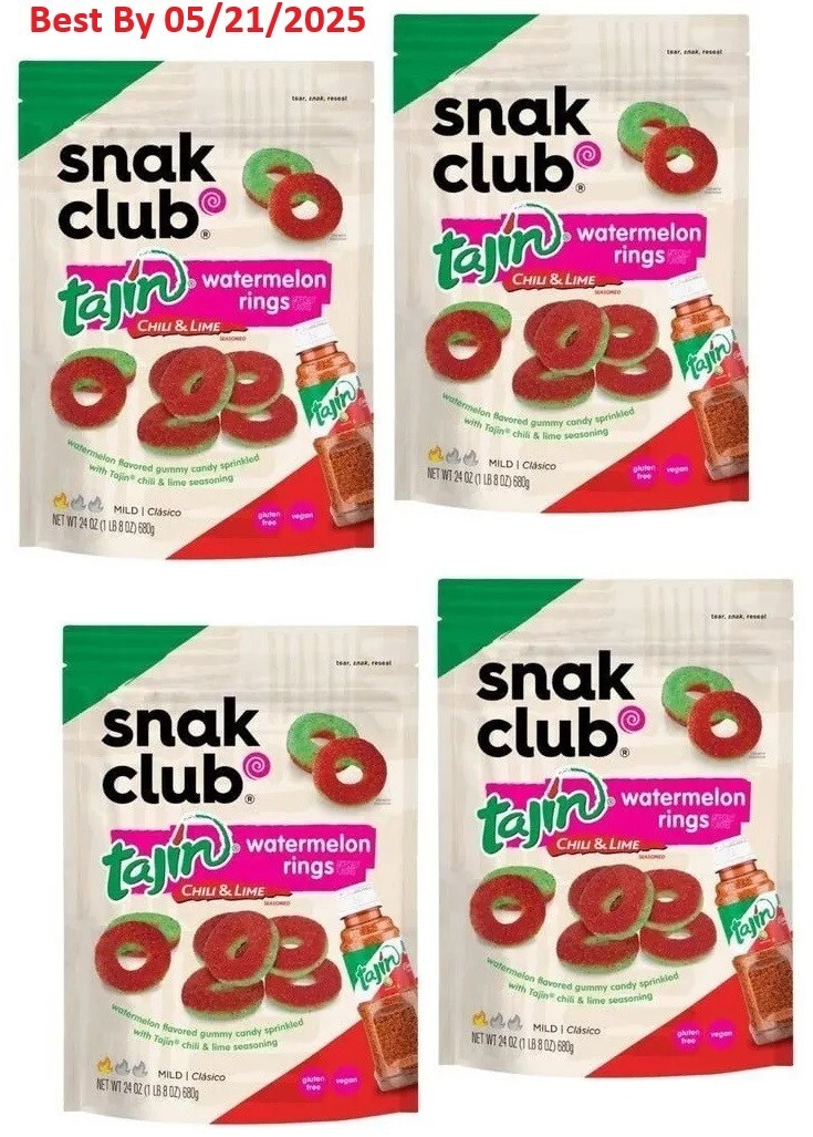 4-PK Snak Club Tajin Watermelon Rings Chili & Lime Gummy Snack, Jumbo pack 24 oz