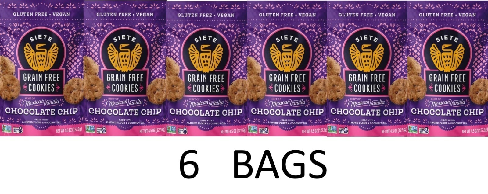 Siete Family Foods Grain Free Mexican Chocolate Chip Cookies 4.5 oz Bag – 6 BAGS