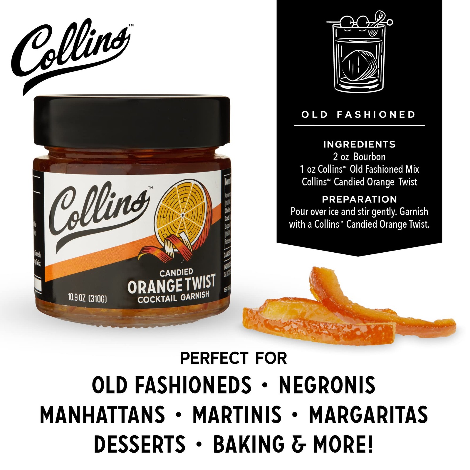 Collins Candied Fruit Orange Peel Twist in Syrup, Popular Cocktail Garnish fo…