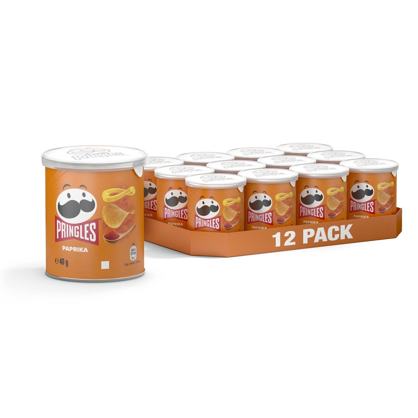 12 small cans / tubs of Paprika Pringles crisps 40g each/total: 480g bell pepper