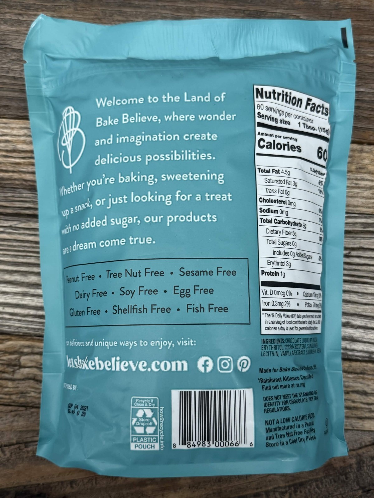 Bake Believe Dark Chocolate Baking Chips No Sugar Added 2 Lb Bag ED 10/2027