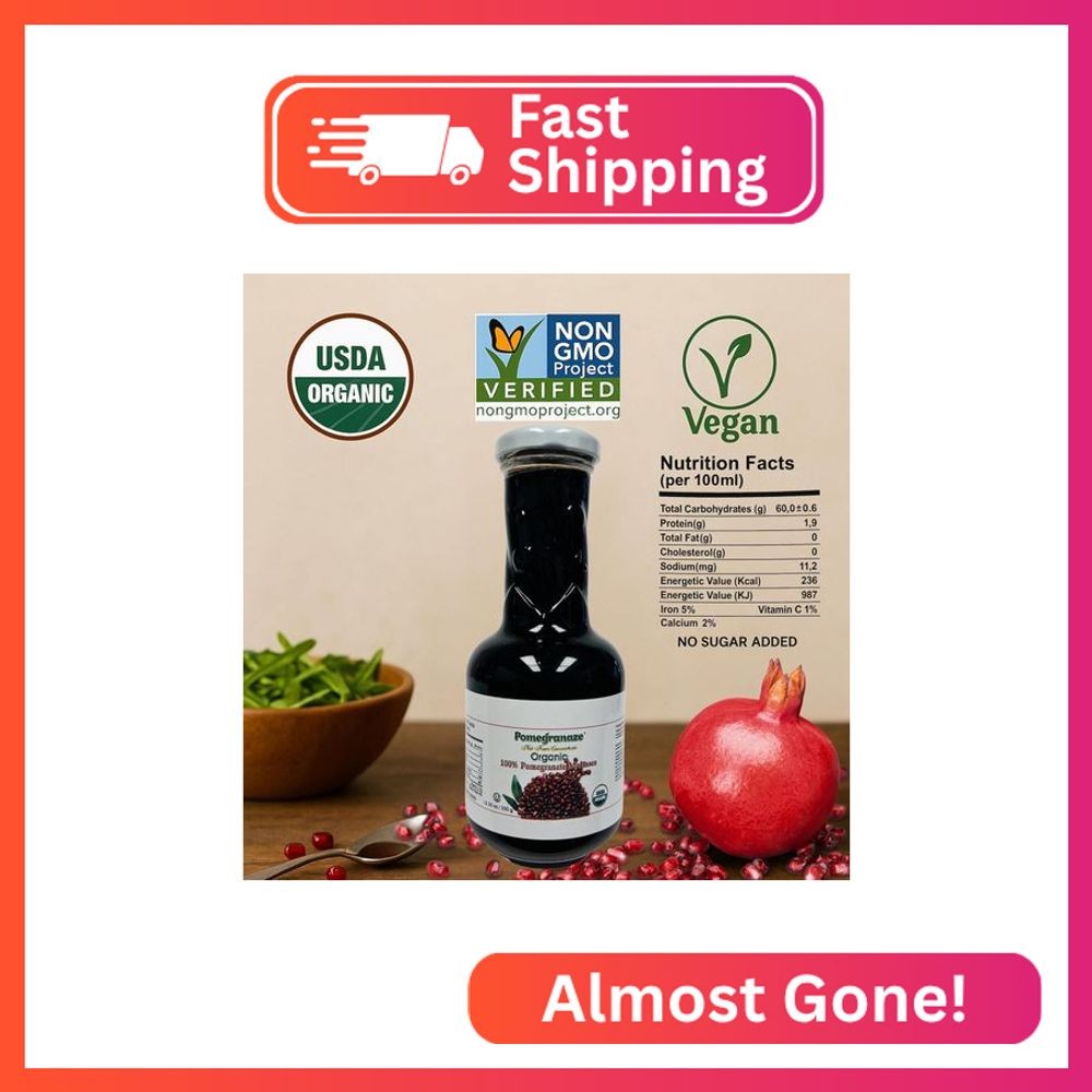100% Organic Pomegranate Molasses 12.35 Oz Glass Bottle, No Sugar Added, Vegan,