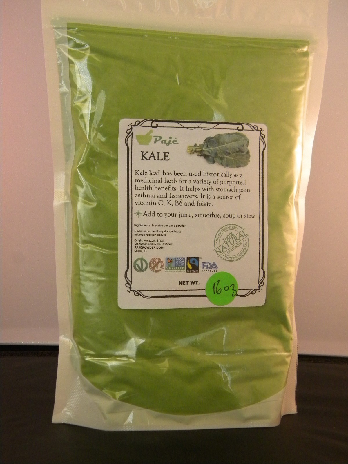 KALE powder 8oz – 1/2 lb gluten free, non-GMO PAJE POWDER produce from BRAZIL