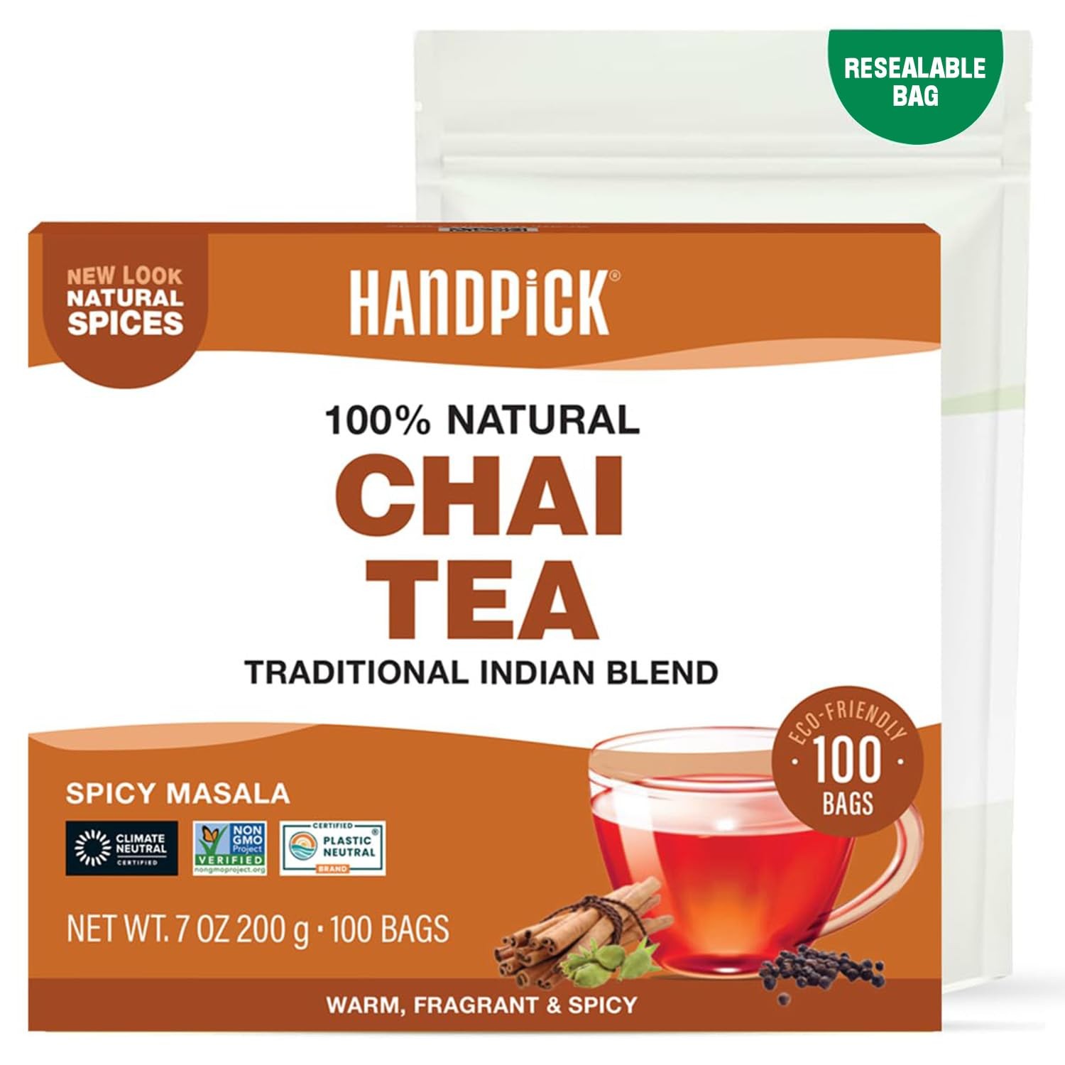 HANDPICK Masala Chai Tea Bags (100 Count) Strong Robust 100 Count (Pack of 1)