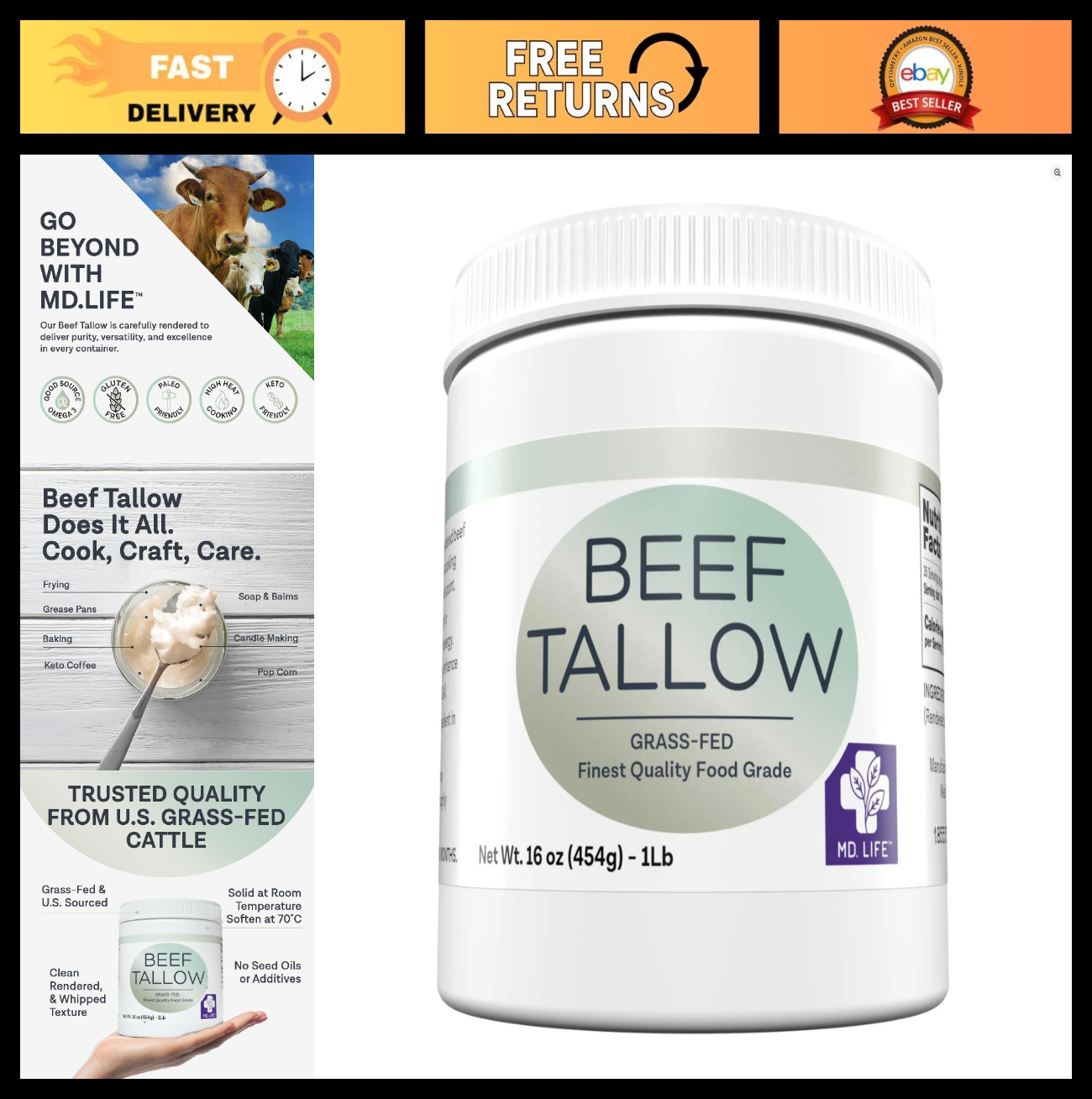 Grass Fed Beef Tallow Cooking Oil – 16 oz Pasture Raised Keto Friendly, Soap & C