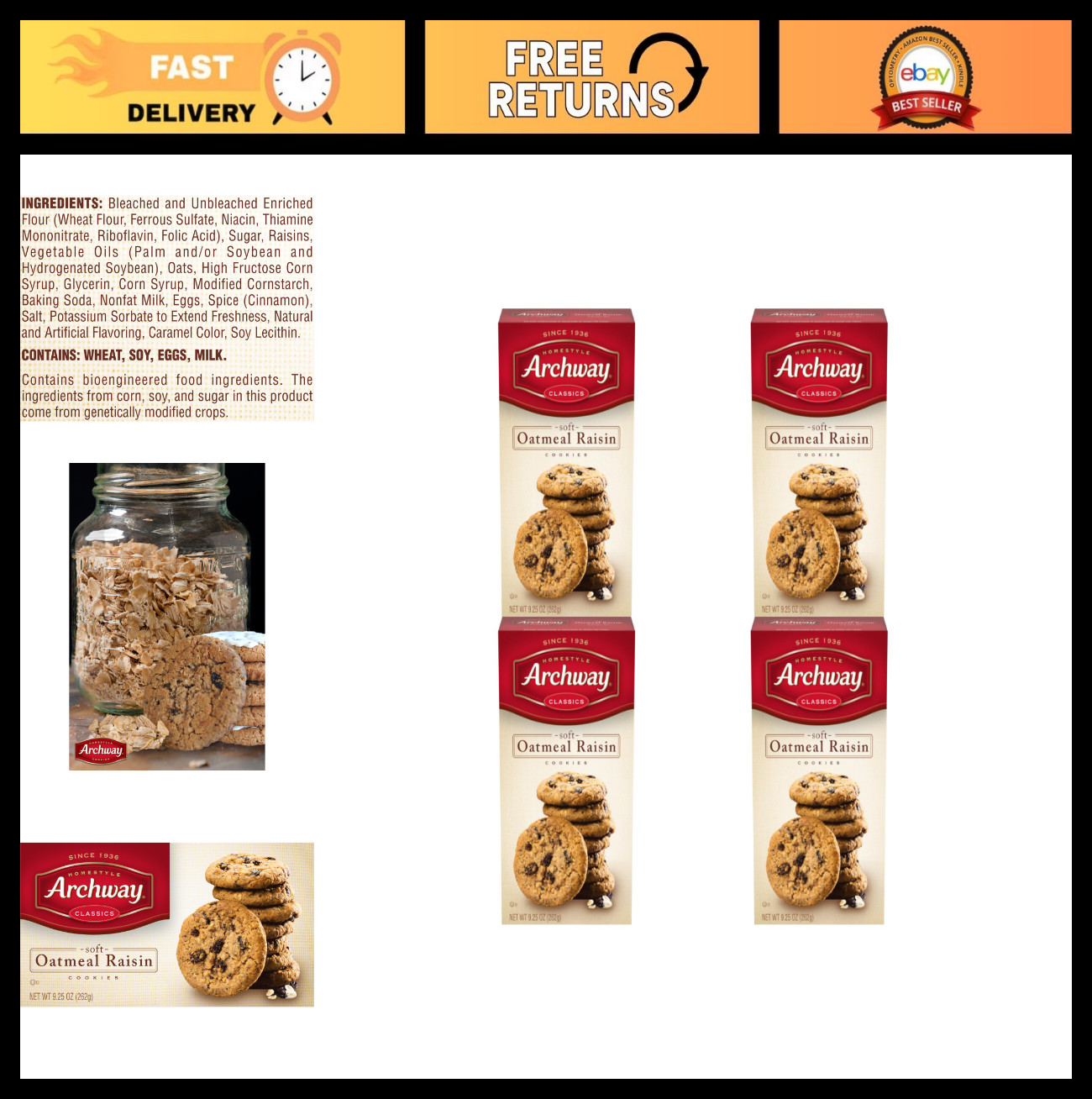 Soft Oatmeal Raisin Cookies – Classic Chewy Treats, 9.25 Oz, Pack of 4
