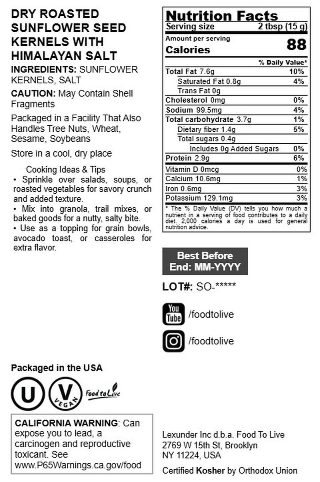 Dry Roasted Sunflower Seed Kernels with Himalayan Salt – No Shell, No Oil Added